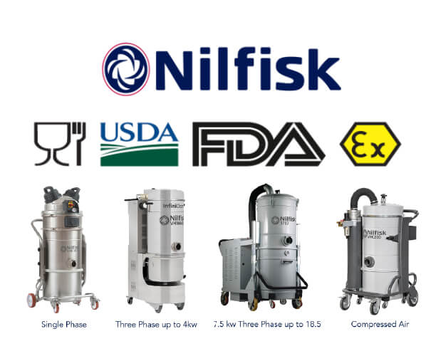 Nilfisk Single Phase, Three Phase up to 4kw, 7.5kw Three Phase up to 18.5, compressed air industrial vacuums